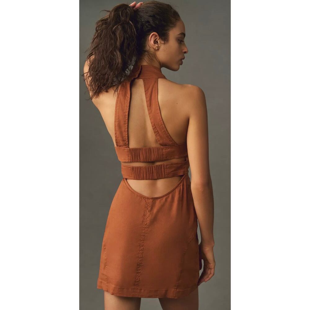 Anthropologie Maeve Halter Linen-Blend Mini Dress Brown Size 8 - Picture 3 of 11